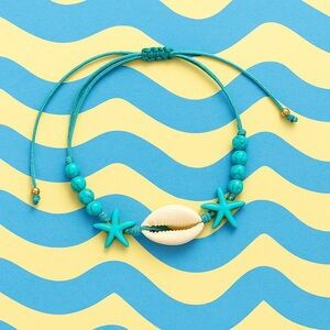 Beach Blue Bead Adjustable Bracelet or Ankle Bracelet with Shell and Starfish